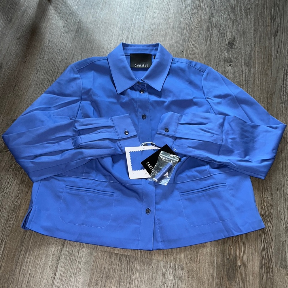 NWT Carlisle women's long sleeve button front blue blouse jacket Size 14 - Picture 2 of 13